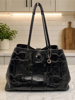 Coach Black Patent Signature Kisslock Tote Shoulder Bag